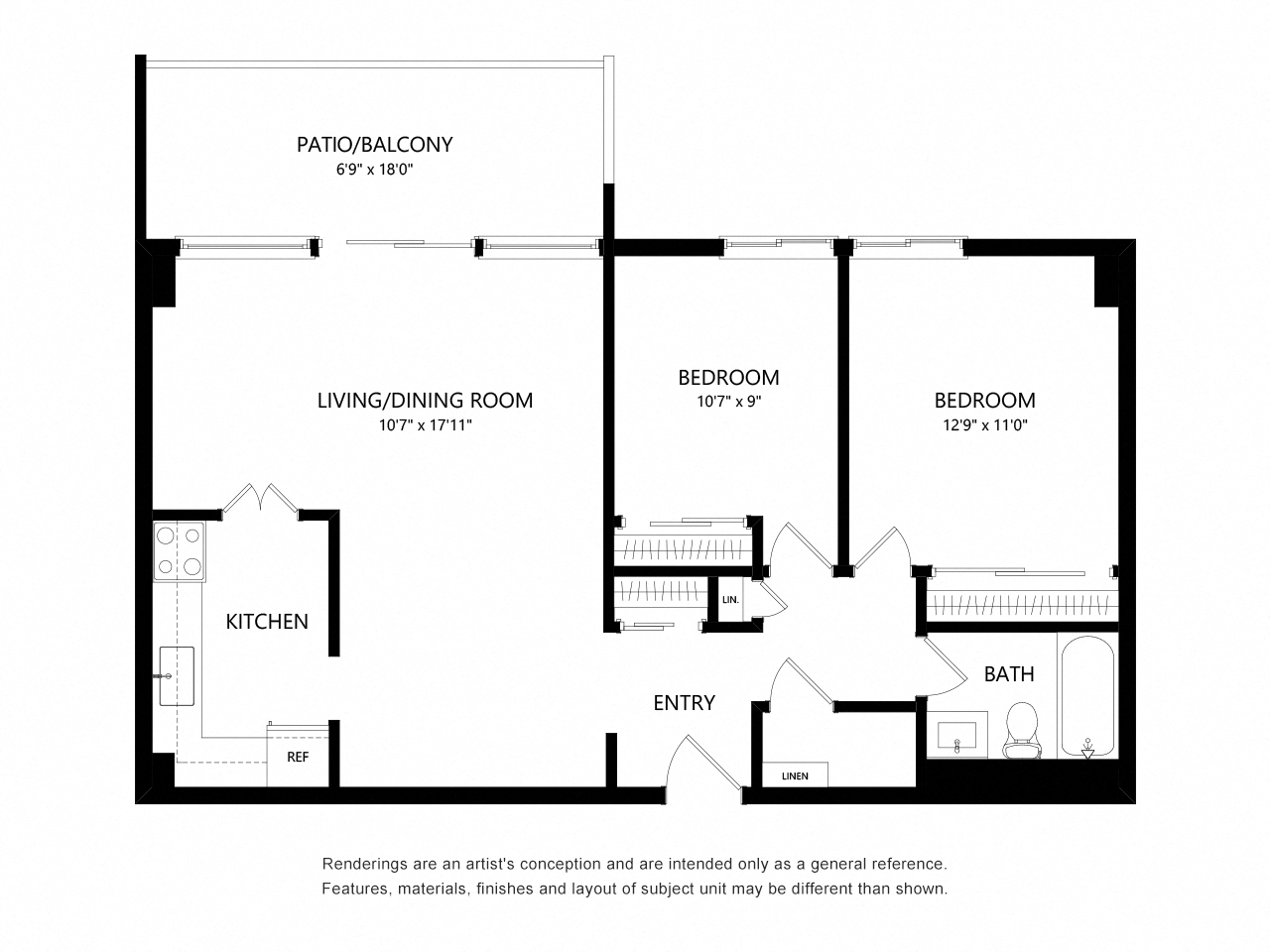 Floor plan for 2 beds, 1 bath, 904 sqft
